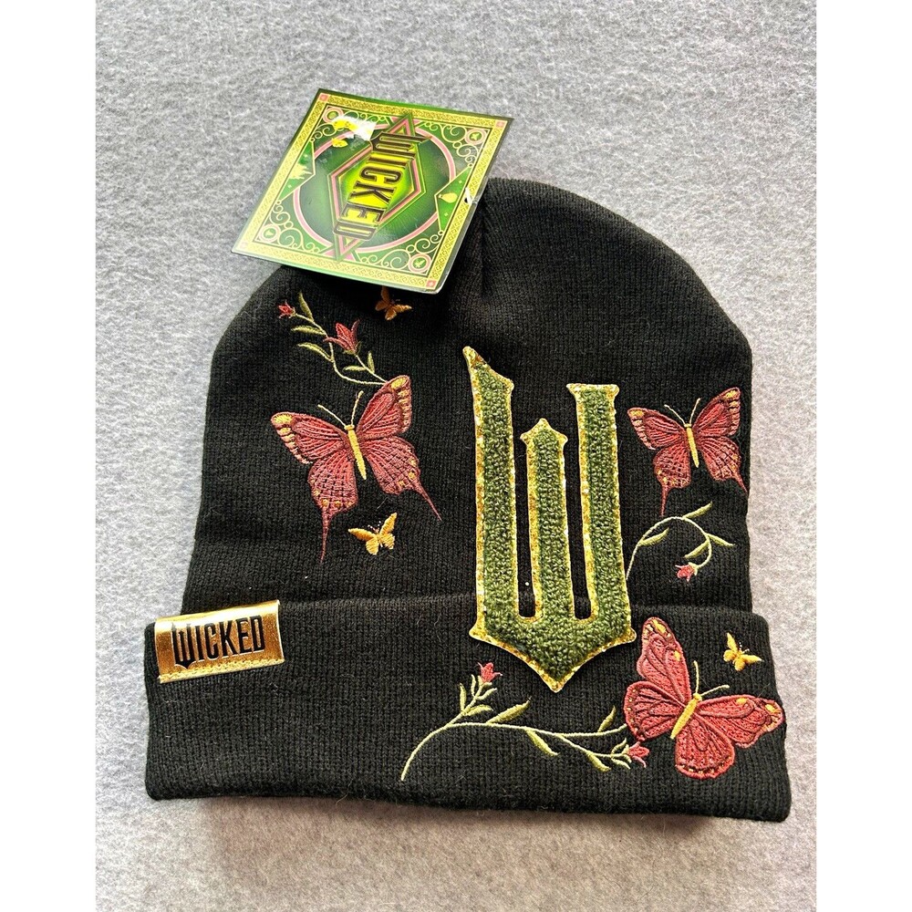 Universal Wicked Women's Cuffed Knit Beanie Black Embroidered Butterfly OS